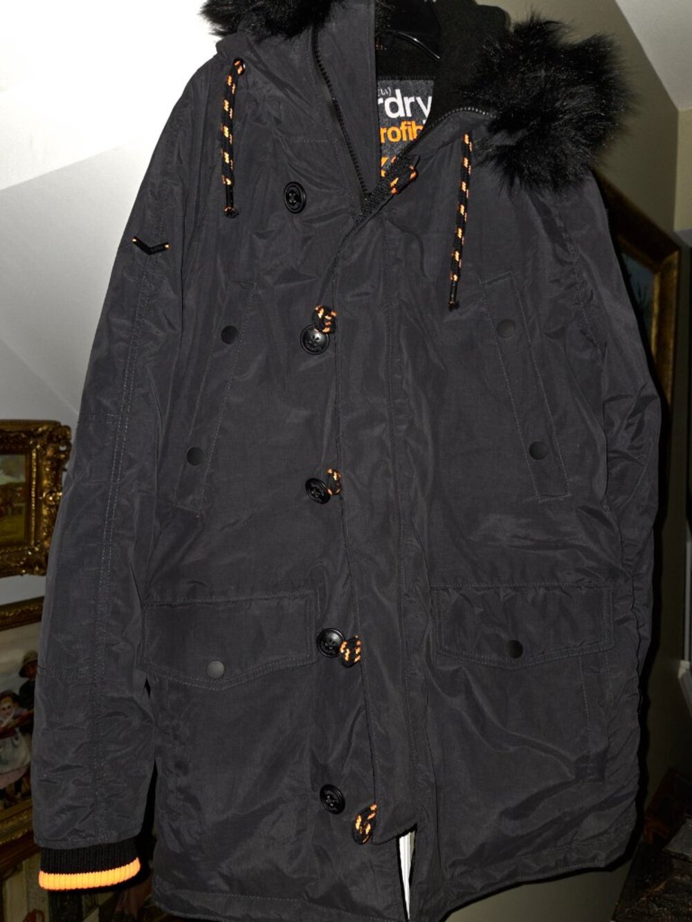 Superdry "Microfibre The Parka" Jacket Men’s Large Everest Black - Fur- New w/o